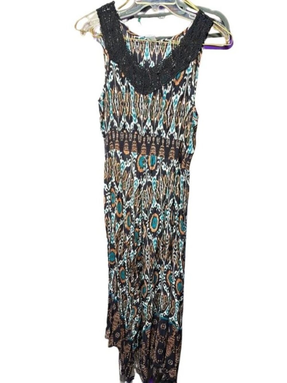 Bila Boho Maxi Dress Black Blue Ikat Print Crochet Trim Women's Size Medium M